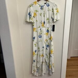 New French Connection White & Blue Floral Hi Low Ruffle Dress Women's size  0